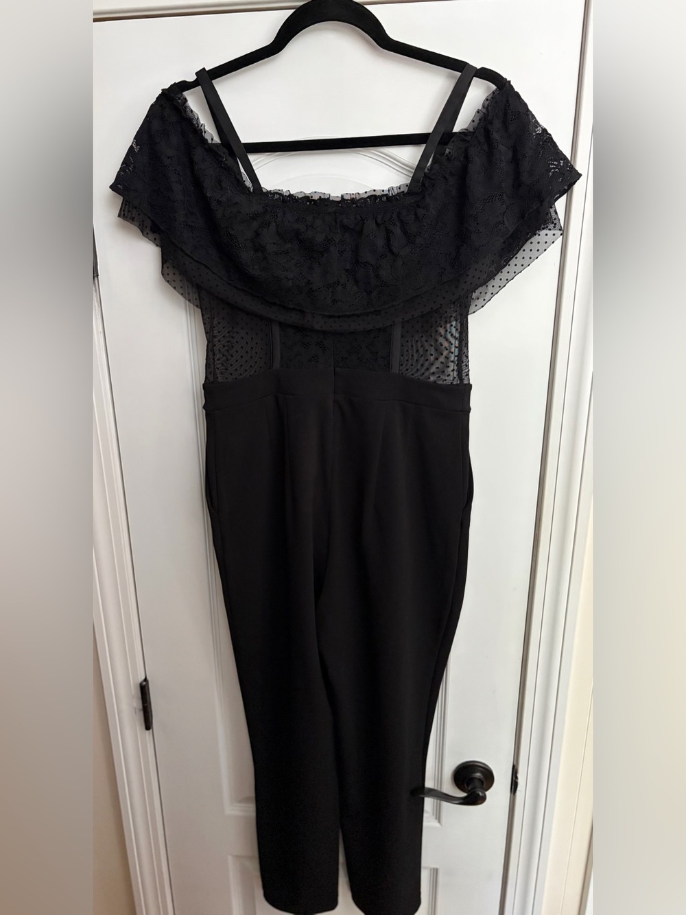 Express Off-Shoulder Black Lace Bodice Jumpsuit 8 Corset Goth Glam Romantic EUC - Picture 3 of 9